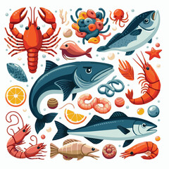 seafood, fish, food, illustration, vector, restaurant, menu, sea, dinner, vintage, fresh, sketch, ocean, design, retro, meal, lunch, background, ink, shrimp, drawing, market, graphic, lobster, marine,