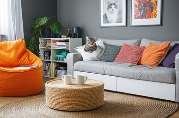 A modern living room with gray walls, a white cabinet and sofa decorated with colorful pillows.