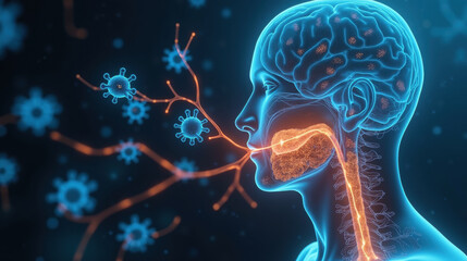 Digital illustration of human head showing neural connections and viruses, highlighting interaction between brain and immune system