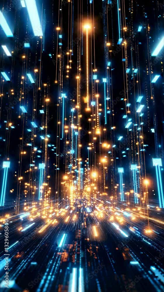Poster futuristic visualization of data flow with luminescent blue and golden vertical light streams, repre