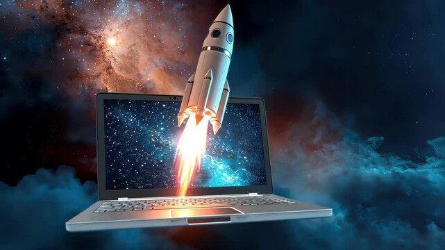 Rocket launching from laptop, space startup concept, futuristic rocket launch technology, space tech business digital entrepreneurship futuristic computing concept. 