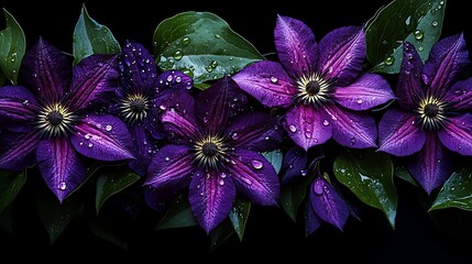 Dark Purple Clematis Blossoms with Dew Drops - Close-Up Nature Photography AI Generated