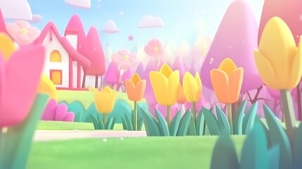 Cartoon Tulips bloom in a garden, fairy-tale home