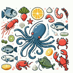 seafood, fish, food, illustration, vector, restaurant, menu, sea, dinner, vintage, fresh, sketch, ocean, design, retro, meal, lunch, background, ink, shrimp, drawing, market, graphic, lobster, marine,