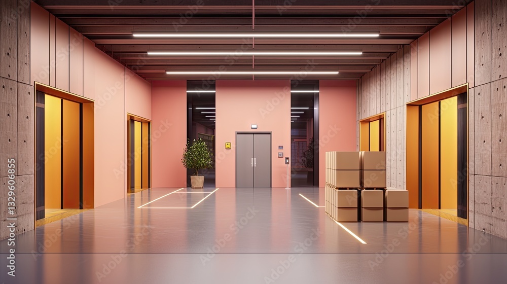 Poster ar-powered smart warehouse system scanning packages for automated sorting and delivery.