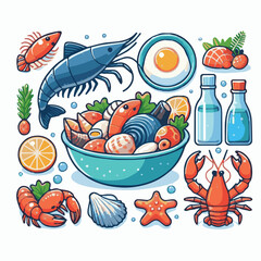 seafood, fish, food, illustration, vector, restaurant, menu, sea, dinner, vintage, fresh, sketch, ocean, design, retro, meal, lunch, background, ink, shrimp, drawing, market, graphic, lobster, marine,