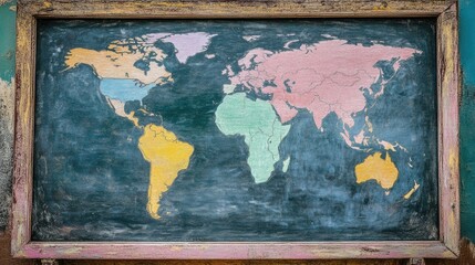 Fototapeta premium A blackboard with a world map outline drawn in chalk, awaiting a geography lesson.