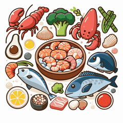 seafood, fish, food, illustration, vector, restaurant, menu, sea, dinner, vintage, fresh, sketch, ocean, design, retro, meal, lunch, background, ink, shrimp, drawing, market, graphic, lobster, marine,