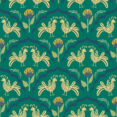 Folk style seamless pattern design with peacocks inspired by India