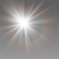 Bright sun shines with warm rays, vector illustration Glow gold star  Flash of light, sun, twinkle.