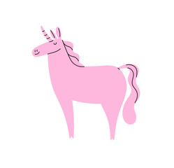 Happy pink unicorn icon. Funny pony with horn. Fairy horse with furry mane and tail. Magic girlish animal from fairytales. Imagination element. Flat isolated vector illustration on white background