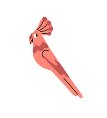 Obraz premium Abstract pink parrot with crest. Icon of cockatoo. Tropical bird, parakeet with red wings. Cute birdie of jungle. Feathered pet, exotic animal. Flat isolated vector illustration on white background