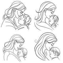 Minimalist Mother's day One line Art MOther Holding Child Drawing Illustration