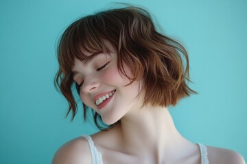 Obraz premium Young woman with short hair smiles joyfully against a turquoise background
