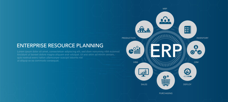 Enterprise resource planning illustration concept. EPR Business management and company enhancement. Technology, Internet and network concept. Illustrations vector and icons.