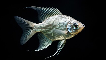 Fototapeta premium A captivating gourami fish glistening with a silvery hue, showcasing intricate patterns and graceful fins, embodies the beauty of underwater life. Beautiful fish.