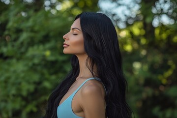 Fototapeta premium Young woman with long black hair enjoys nature in serene moment of reflection outdoors
