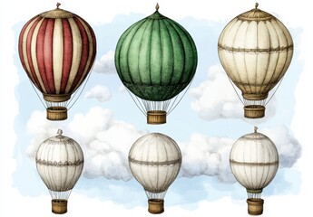 Obraz premium Six Vintage Hot Air Balloons in a Light Blue Sky with Clouds