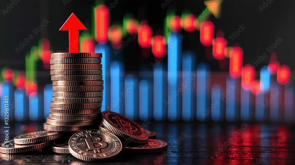 Poster A stack of Bitcoin coins topped with an arrow reflects growth, set against a vibrant chart with rising market indicators and analytics
