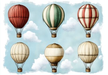 Six Vintage Hot Air Balloons in a Whimsical Illustration