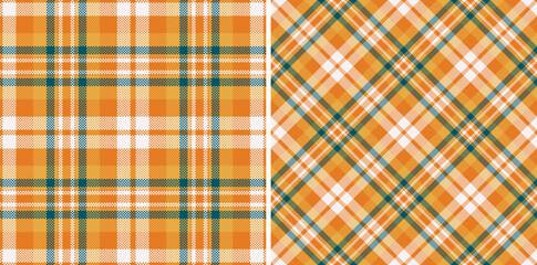 Two vibrant autumnal plaid patterns in warm orange, teal, and white.  Perfect for fallthemed designs, textile prints, and crafting projects.