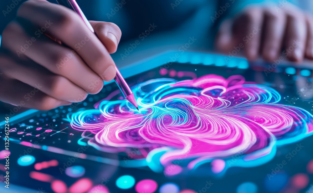 Poster concept: digital artwork creation. an artist's hand using a stylus to create a vibrant abstract grap