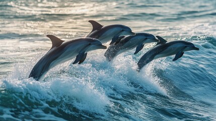 Fototapeta premium Spectacular pod of dolphins leaping acrobatically through the ocean waves, a symphony of marine wildlife