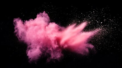A vibrant pink powder explodes against a stark black background, creating a dynamic and striking visual effect in a studio setting.