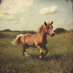 Obraz premium Small Pony Trotting Around a Green Pasture, Enjoying the Fresh Air