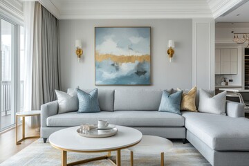 Modern living room with gray sectional sofa, abstract art, and gold accents.