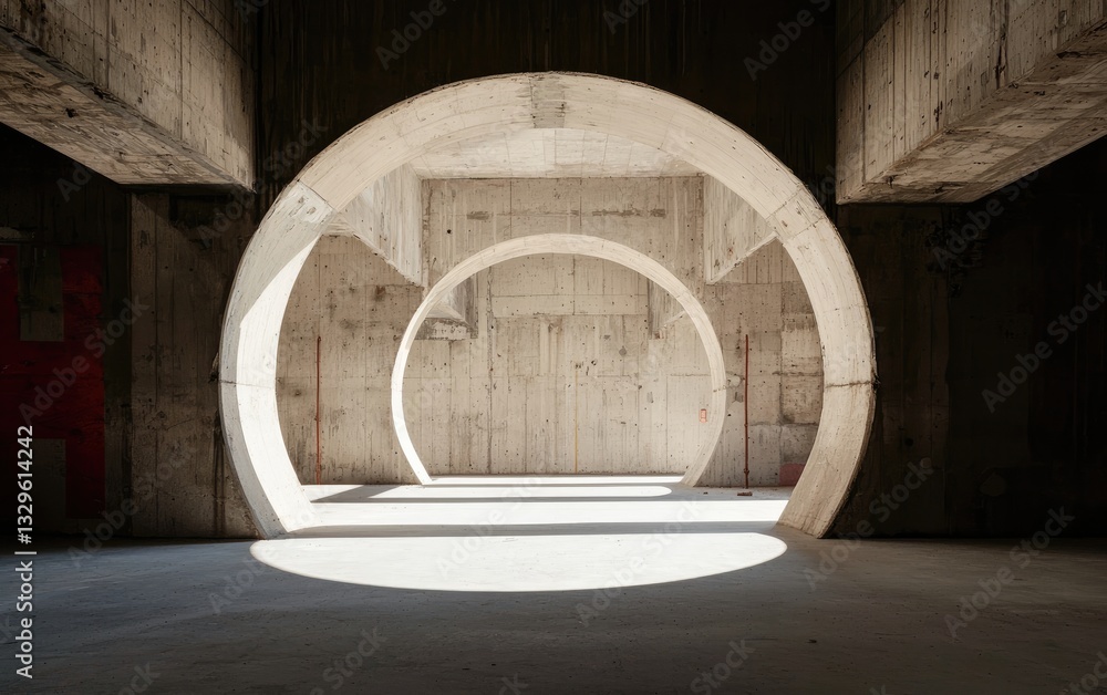 Poster empty concrete structure with circular openings and sunlight beams on floor