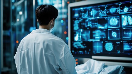 Virtual medical consultation, doctor using augmented reality for remote diagnosis, AI-powered healthcare visualization