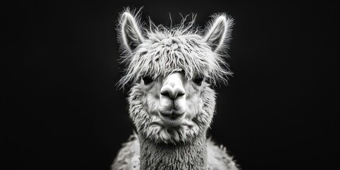 Naklejka premium A black and white photo of a llama with a fluffy mane