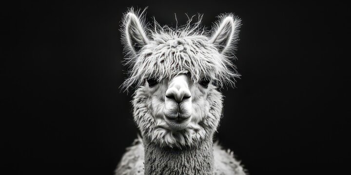 A black and white photo of a llama with a fluffy mane - Powered by Adobe