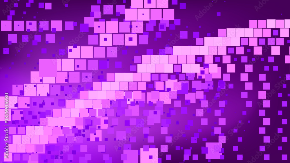Poster purple abstract background with scattered magenta and violet squares. this digital-themed pattern ex