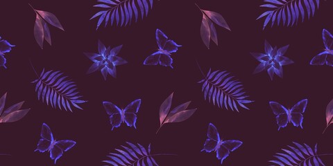Floral pattern featuring tropical leaves and butterflies in vibrant colors