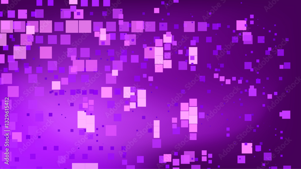 Poster purple abstract background with scattered magenta and violet squares. this digital-themed pattern ex