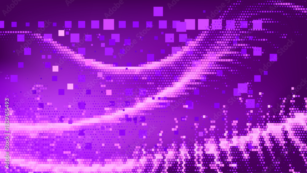 Poster purple abstract background with scattered magenta and violet squares. this digital-themed pattern ex