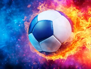 Fototapeta premium Dynamic Soccer Ball Surrounded by Colorful Flames and Bright Cosmic Background
