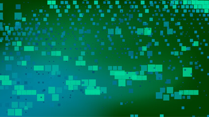 Green abstract background with scattered cyan and green squares. The digital-themed pattern gives a fresh and modern technological feel.