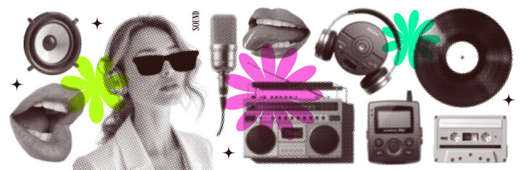 Groovy music mixed media halftone collage elements set with vinyl, vintage microphone, singing mouth, girl with headphones on transparent background, dotted elements. Vector illustration © LanaSham
