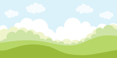 Scene nature, field in the distance plants, cloudy sky. Vector illustration.