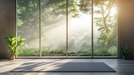 Yoga mat on the floor near big window with beautiful landscape with trees 