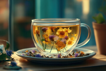 Cup of tea with flowers inside, on rustic table.