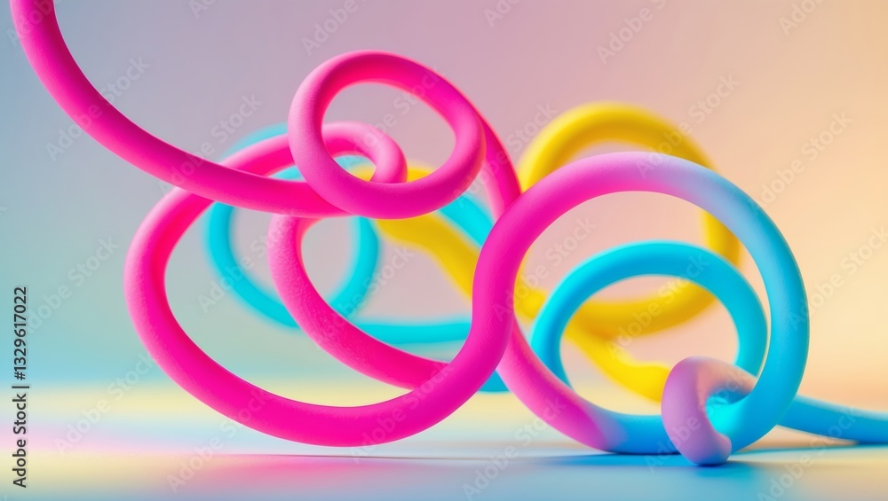 Poster colorful twisted rubber bands create an abstract design on a soft pastel background