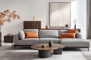 Modern living room with gray sectional sofa, orange pillows, wooden coffee table, and artwork.