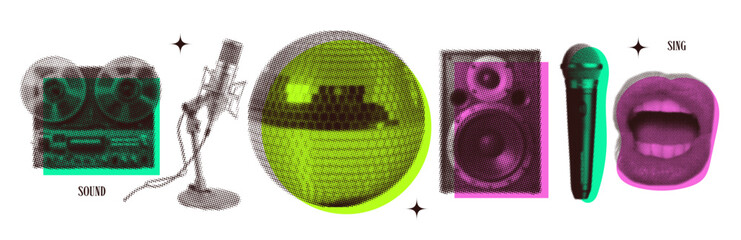 Groovy vintage music set of halftone collage elements on the theme of singing, hippie music. Reel-to-reel tape recorder, mike, disco ball,speaker, singing mouth. Trendy y2k retro vector illustration