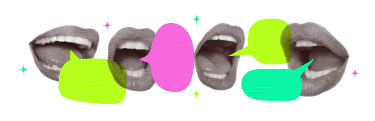 Set of speech bubbles with open mouths in collage style in halftone processing. Opened female lips, with screaming, smiling. Elements with paper imitation. Vector contemporary illustration