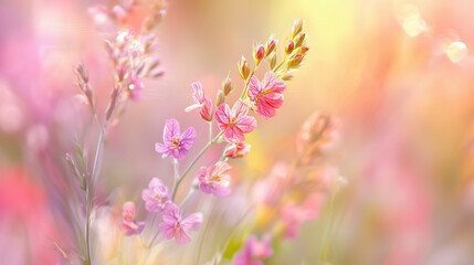 Obraz premium A beautiful spring flower meadow. Magical nature background blossom. Perfect for cosmetics, spa, perfume, beauty salon, florist shop, health care product, homeopathy, aromatherapy