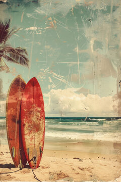 Surfboard on tropical beach background. Vintage tone color style. Generative ai